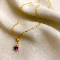 Romantic Vintage Teardrop Necklace for Women, Round Purple Stone Halo Setting - Gold Plated Pendant Necklace