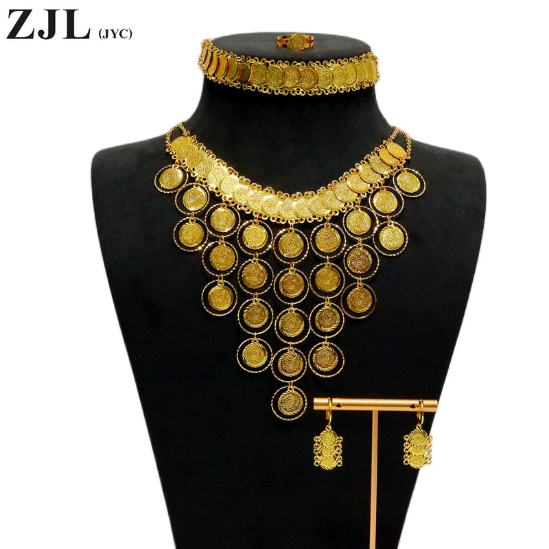 Stunning Middle Eastern 18K/24K Gold Plated Coin Jewelry Set -Tassel Necklace, Bracelet, Earrings, and Ring for Women