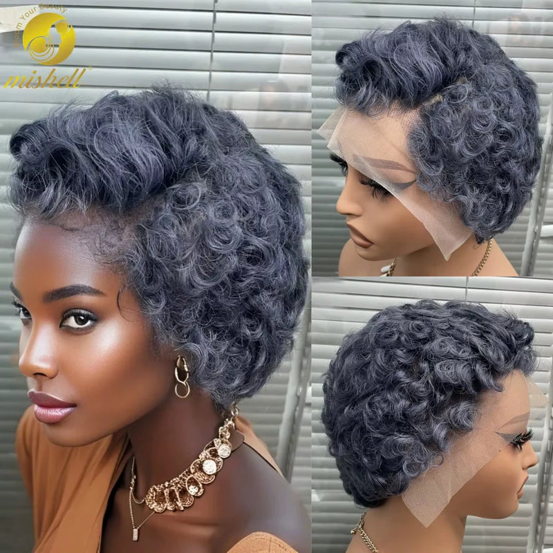 Gray Pixie Cut Wig Bob Human Hair Wigs 180% Density 13x4 Transparent Lace Frontal Short Bob Wig Brazilian Remy Hair for Women Sweet T 52