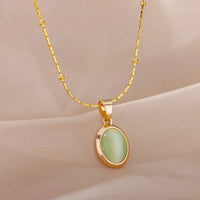 Green Opal Oval Pendant Necklace, Stainless Steel