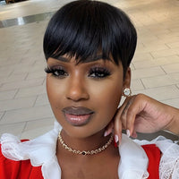 ﻿ 100% Human Hair Straight Short Pixie Cut Wig with Bangs  - Tangle-Free, Natural Hairline, Full Machine Made  for Women