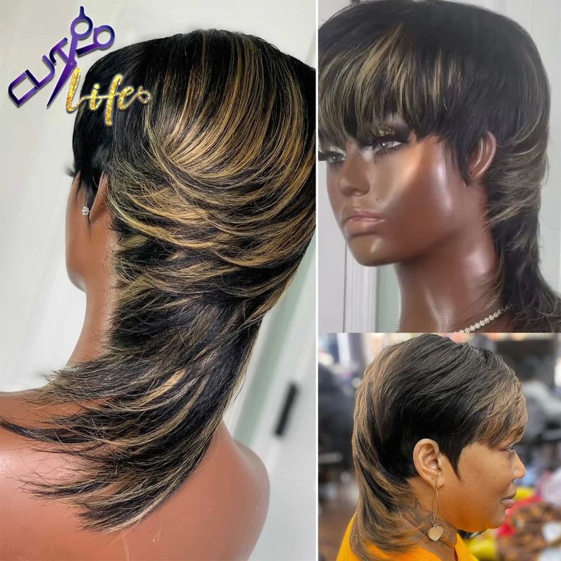 Short Pixie Cut Wigs, Wear And Go - Full Machine Wig With Bangs. Dovetail Straight Highlight Blonde Remy Human Hair Mullet Wigs