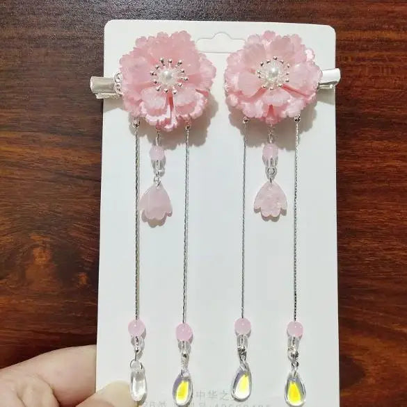 2pcs/set Chinese Style Pink Blue Flower Pearls, Long Tassel Hairpins, Clips, Headpieces for Kids.