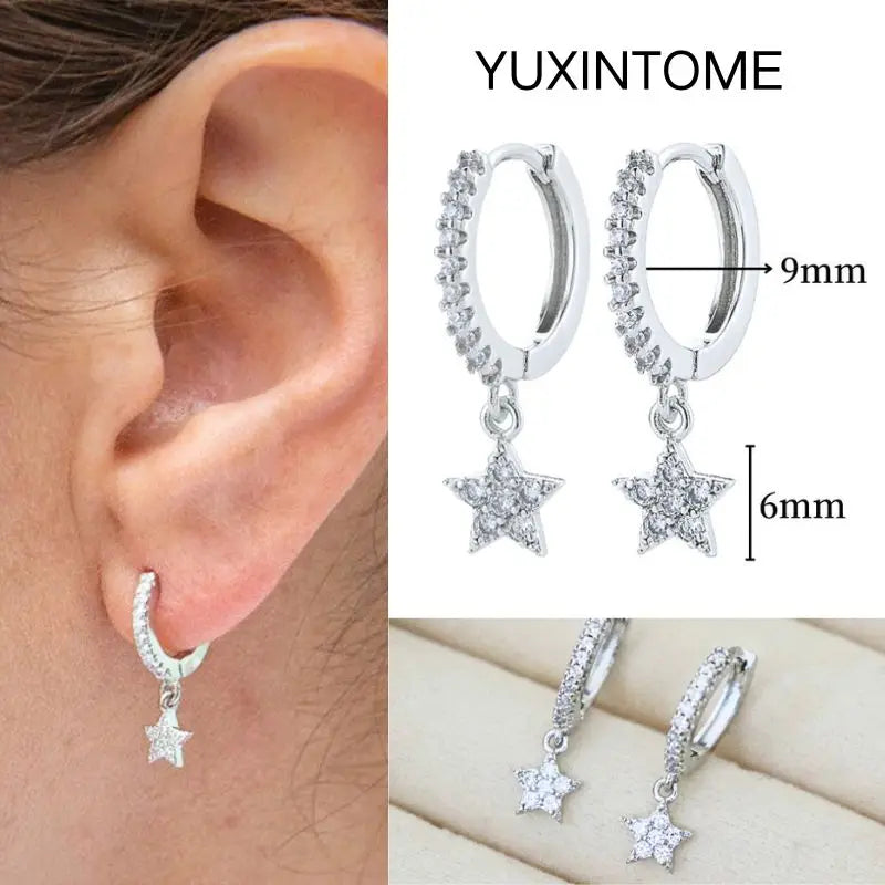 925 Silver Needle Star Hoop Earrings for Women - Five-pointed Star and Moon Pendant Huggie Earrings