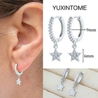 925 Silver Needle Star Hoop Earrings for Women - Five-pointed Star and Moon Pendant Huggie Earrings