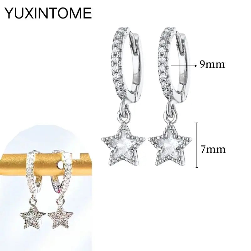 925 Silver Needle Star Hoop Earrings for Women - Five-pointed Star and Moon Pendant Huggie Earrings