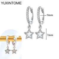 925 Silver Needle Star Hoop Earrings for Women - Five-pointed Star and Moon Pendant Huggie Earrings