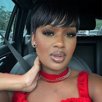 ﻿ 100% Human Hair Straight Short Pixie Cut Wig with Bangs  - Tangle-Free, Natural Hairline, Full Machine Made  for Women