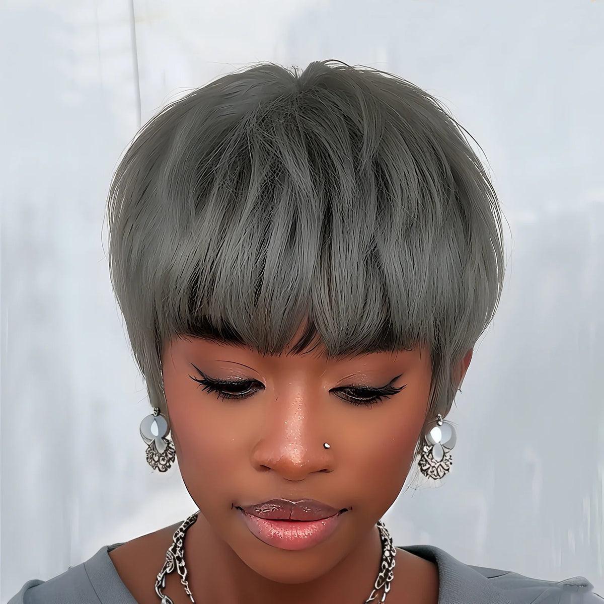 Grey Color Style Human Hair Wig Short Straight Layered Hair Wigs For Women Machine Made Wig For Party And Daily Use Sweet T 52