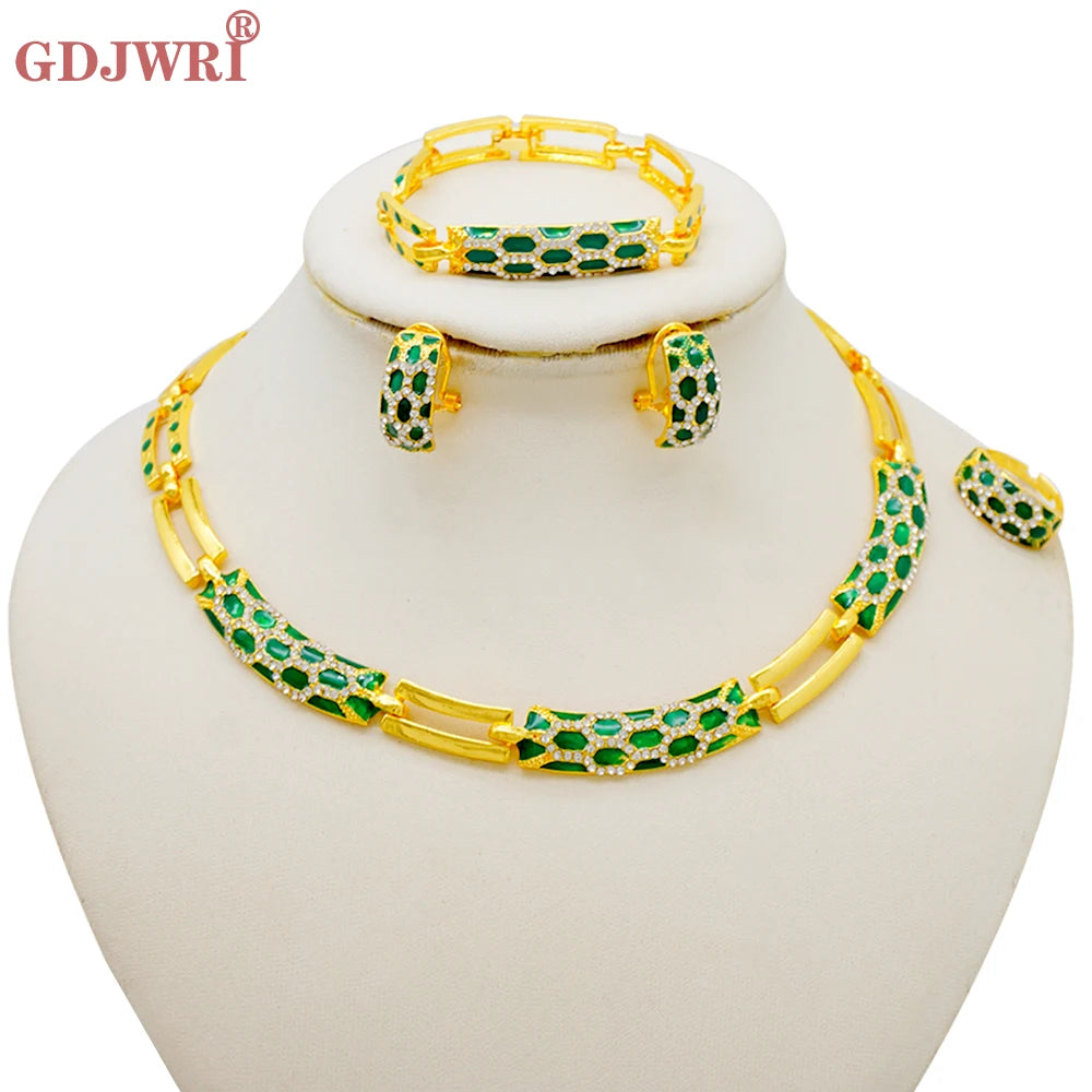 Dubai Gold Color Classics Jewelry Sets for Women - Charming Crystal Green Necklace/Earrings - Nigerian Wedding, African Costume Jewelry