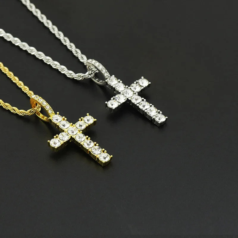 Cubic Zirconia Cross Pendant Necklace on Rope Chain