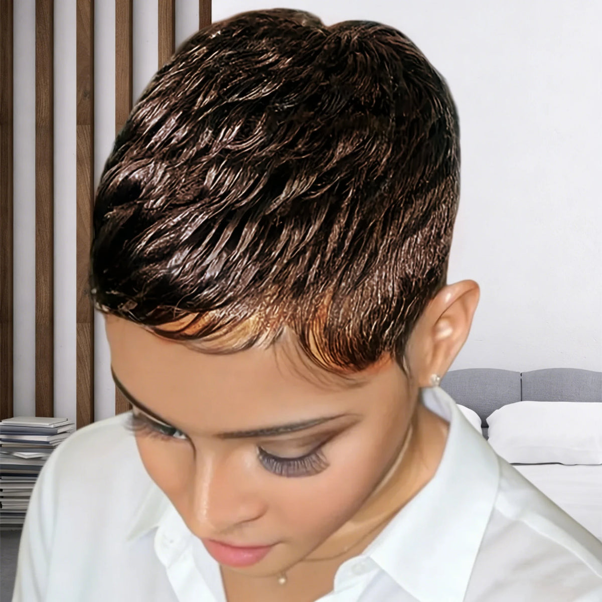 Pixie Cut Wig for Women - Brazilian Remy Human Hair, Short Wave Style with 99j Color, Full Machine-Made
