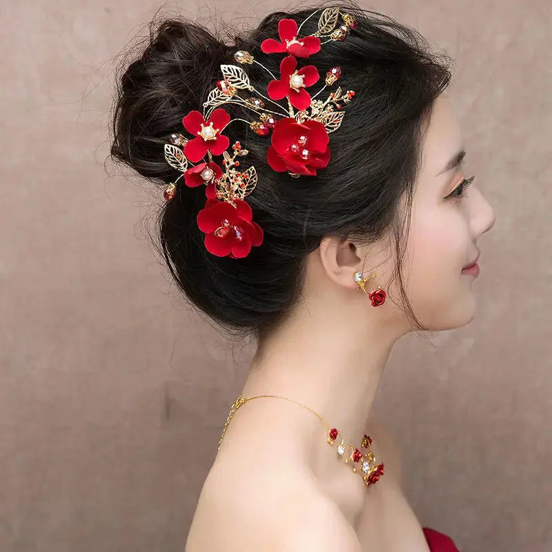 Red Hairpins/Bride Hair Clips - Vintage Chinese Wedding Hair Accessories for Women and Girls-hair accessories-SWEET T 52