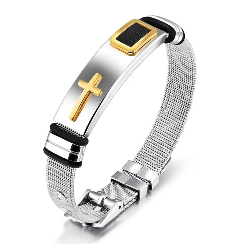 Men's Cross Prayer Strap Bracelets, Stainless Steel Net Watch Band, Male/Female, Unisex, Size Adjustable