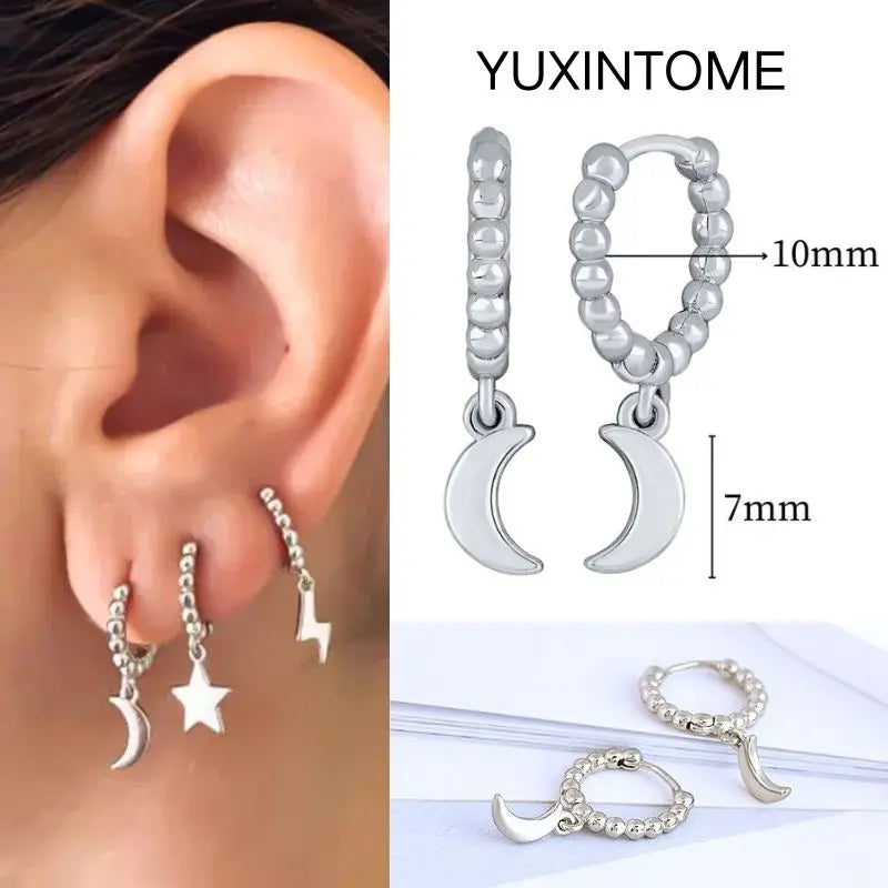 925 Silver Needle Star Hoop Earrings for Women - Five-pointed Star and Moon Pendant Huggie Earrings