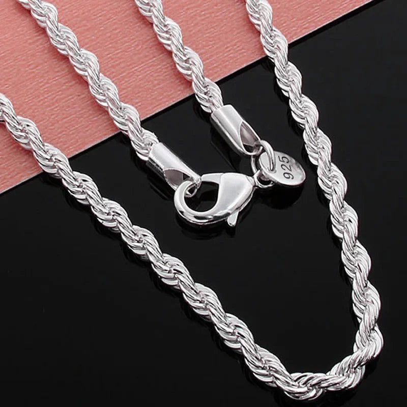 4 mm Rope Chain Necklace, Marked 925 Sterling Silver