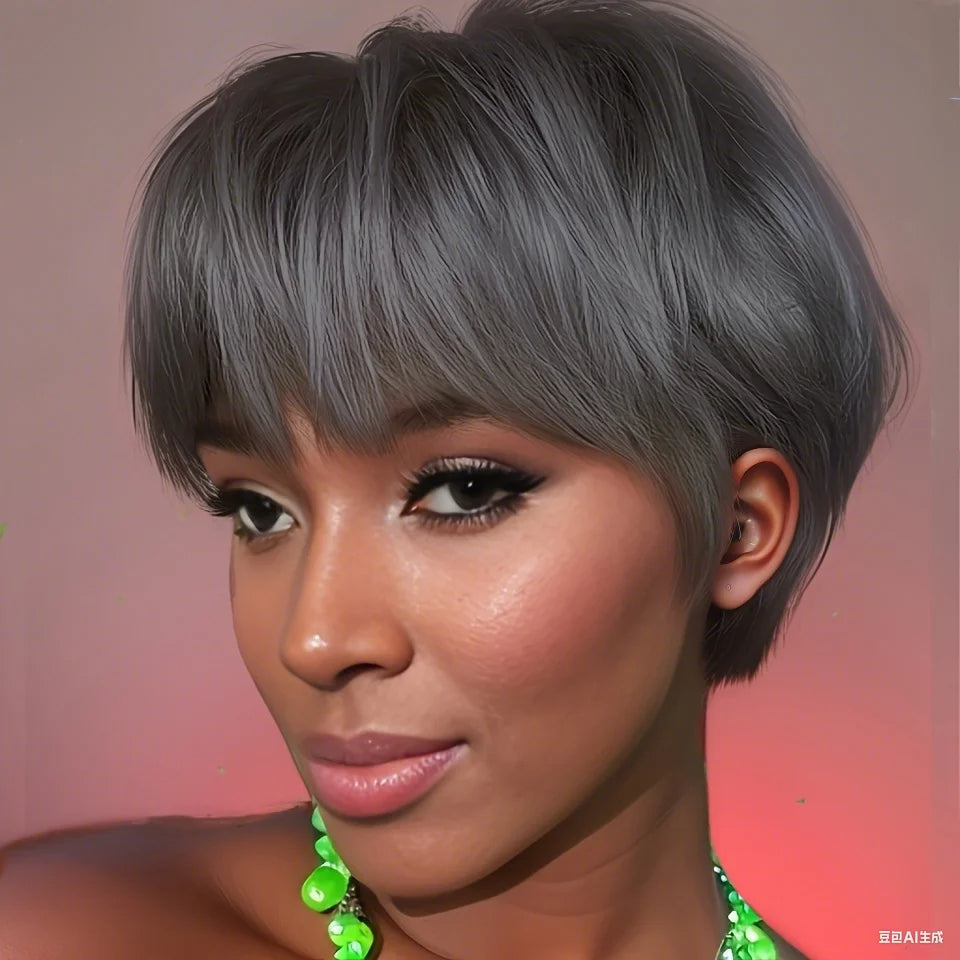 Grey Color Style Human Hair Wig Short Straight Layered Hair Wigs For Women Machine Made Wig For Party And Daily Use Sweet T 52