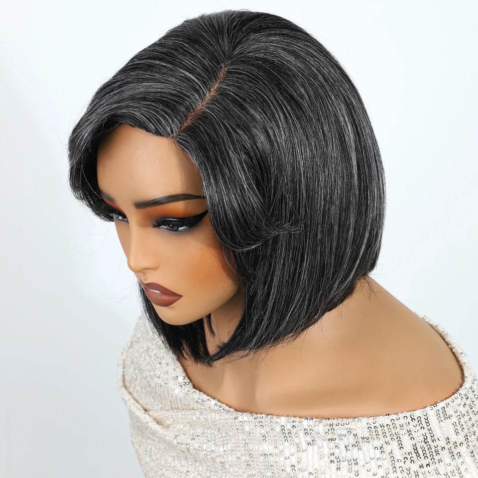 Salt & Pepper Pixie Straight Bob Wig, Wear & Go Dark Grey Glueless 5x1 Lace Wig, 100% Human Hair