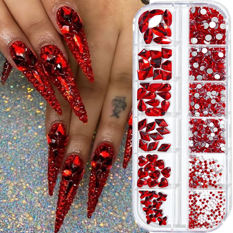 12Gird Box Multi Size AB/Colorful Non-Hotfix Rhinestones Flatback Crystal Diamond Gems 3D Glitter Nail Art Luxurious Decorations SWEET T 52