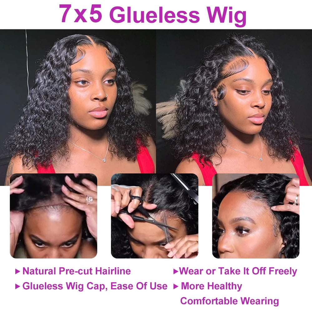 No Glue Deep Wave Lace Frontal Wigs for Women - 13x4/7x5 Glueless Bob Wigs, Curly Human Hair Wigs, 250 Density, Ready to Wear