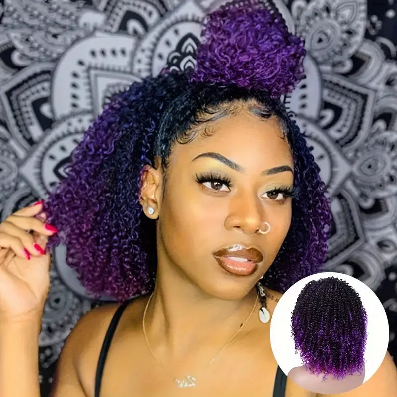 3/4 - Half Wigs, Short Synthetic Afro Curly Wigs, Purple Wigs for Women & Girls , Kinky Curly Bob