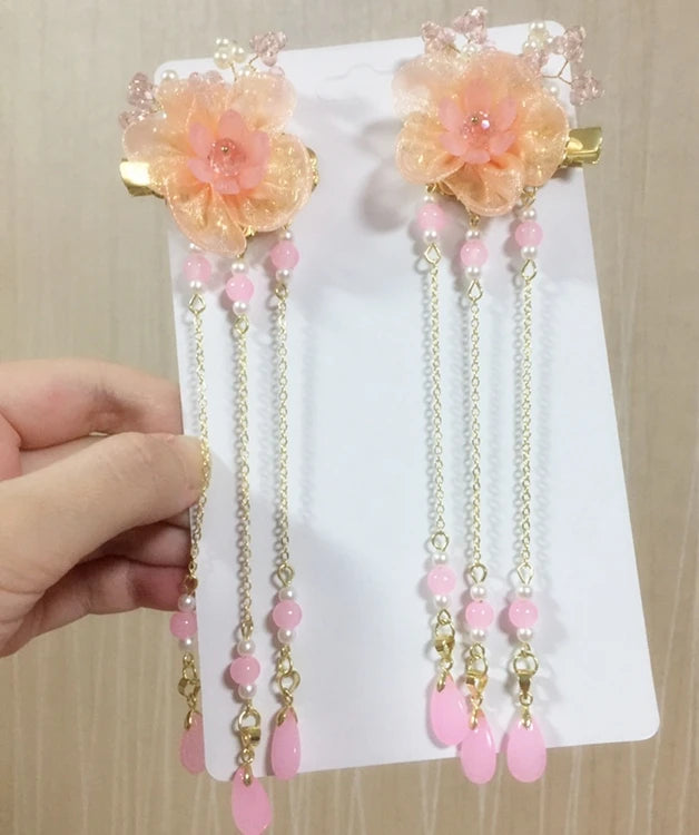 2pcs/set Chinese Style Pink Blue Flower Pearls, Long Tassel Hairpins, Clips, Headpieces for Kids.
