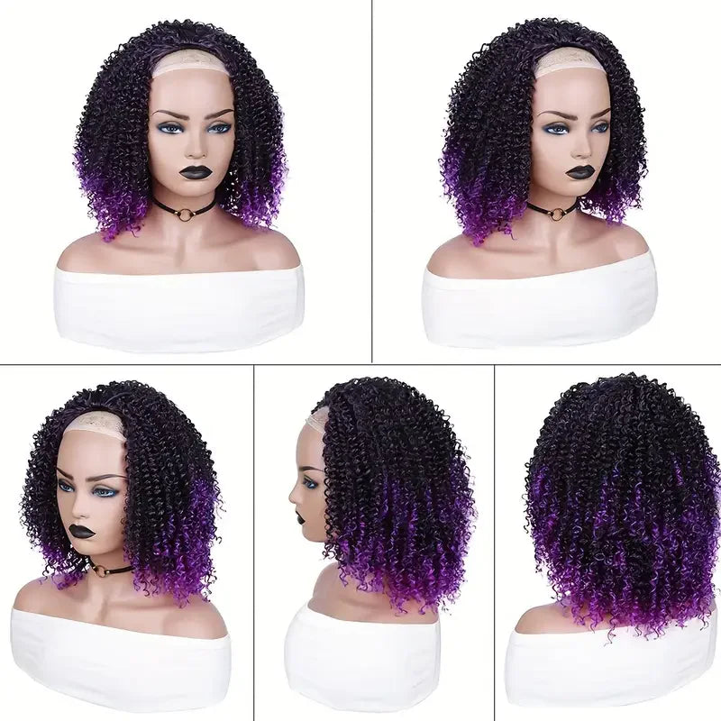 3/4 - Half Wigs, Short Synthetic Afro Curly Wigs, Purple Wigs for Women & Girls , Kinky Curly Bob