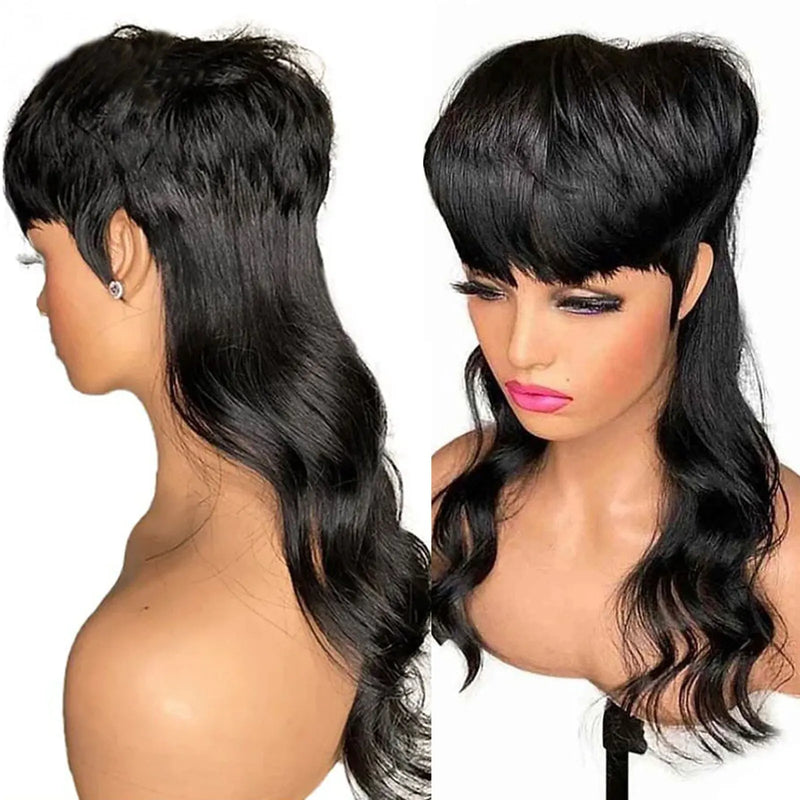 Mullet Wigs - Short Pixie Cut Wavy Human Hair Wigs - Glueless Wear & Go with Bangs, Remy Hair Wigs for Women