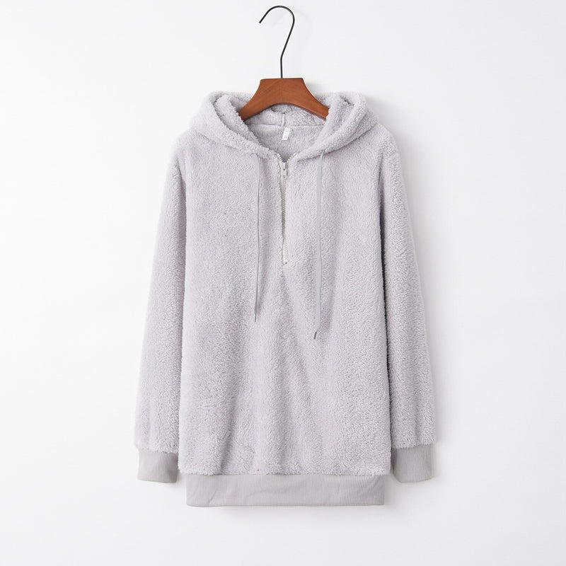 Hooded Fleece Sweatshirt for Women and Girls, Loose Warm Pullover, With Zipper