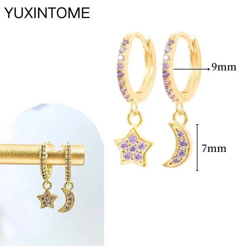 925 Silver Needle Star Hoop Earrings for Women - Five-pointed Star and Moon Pendant Huggie Earrings