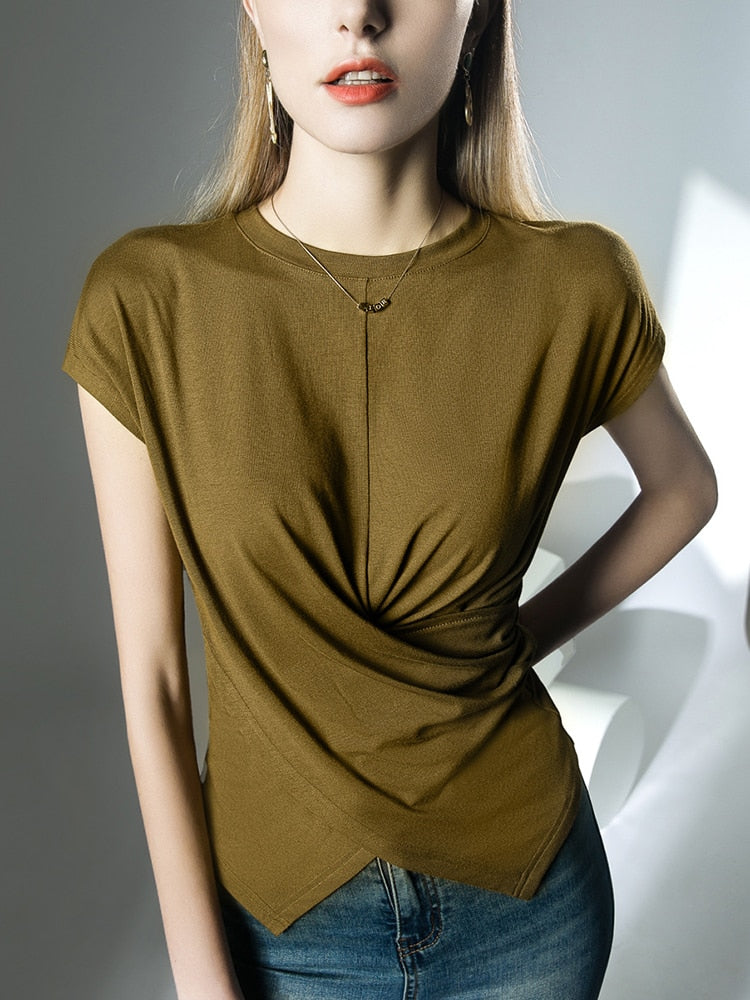 Elegant Short Sleeve 3 Season Tee Shirt, Round Neck in Cotton/Polyester/Spandex, Cross Pleat Design for Women and Girls