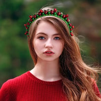 1pc Christmas Headband with Red & Green Beads, Golden Bells, Hand-Wrapped Party Hairband for Women, Holiday Photoshoots