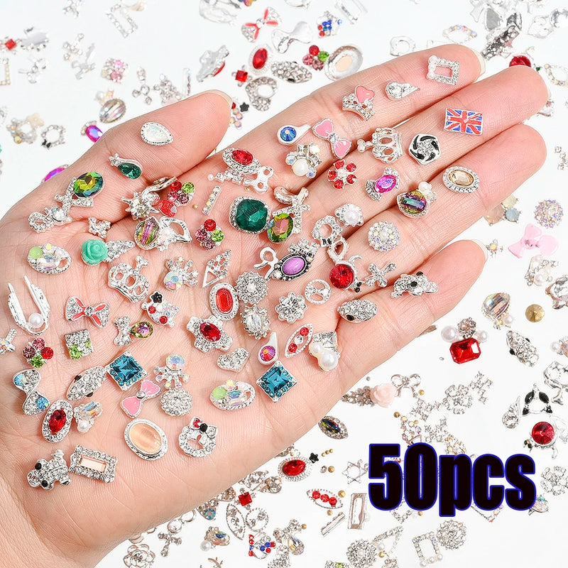 1 Bag Random Luxury Nail Art Dangle Jewelry, Mixed Style Nail Charms, Rhinestones 3D, 50 Pieces