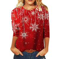 Christmas Limited Edition Women's 3D Red Snowflake Print Round Neck Long Sleeve T-shirt Fashion Casual Long Sleeve Top