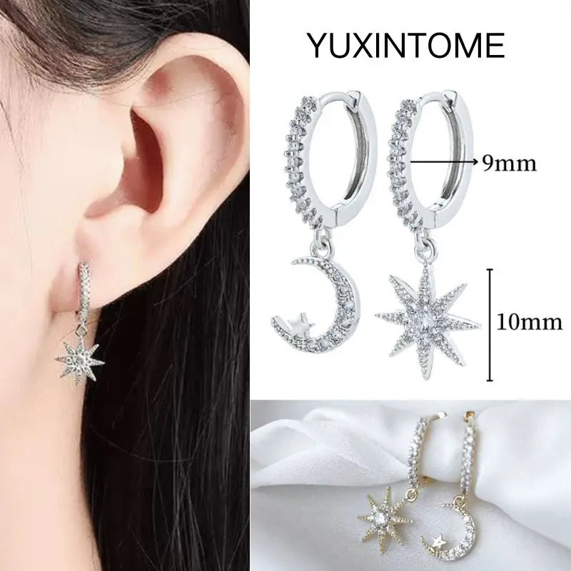 925 Silver Needle Star Hoop Earrings for Women - Five-pointed Star and Moon Pendant Huggie Earrings