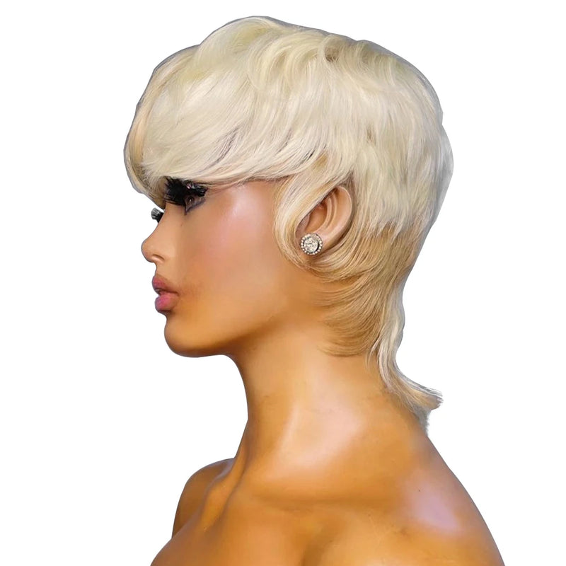 613 Blonde Human Hair Mullet Wig, Brazilian Remy Straight Hair Wig with Bangs for Women & Girls