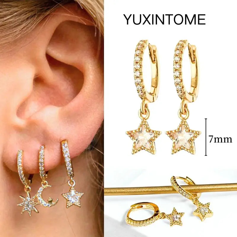 925 Silver Needle Star Hoop Earrings for Women - Five-pointed Star and Moon Pendant Huggie Earrings
