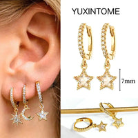 925 Silver Needle Star Hoop Earrings for Women - Five-pointed Star and Moon Pendant Huggie Earrings