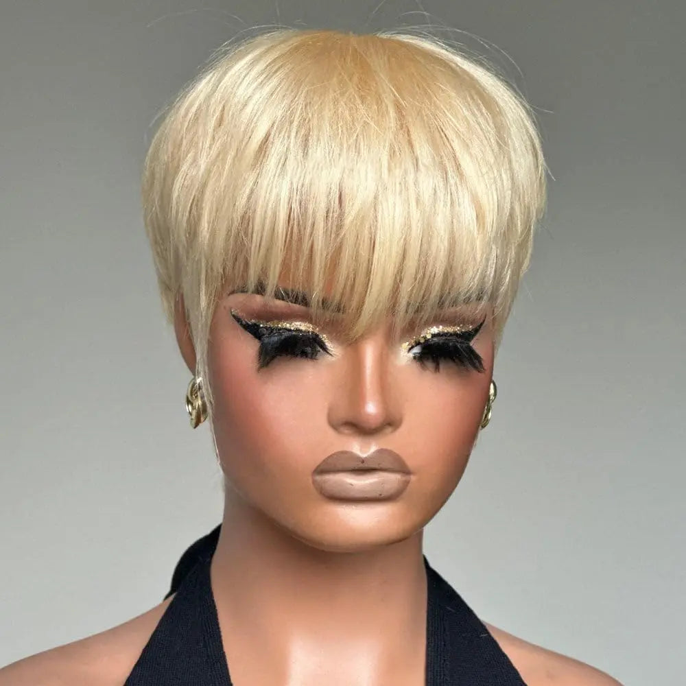 Blond Pixie Cut Wig  - Human Hair Wig for Women. 613 Bob Wig, Short, with Bangs, Straight - Full Machine Made Wig