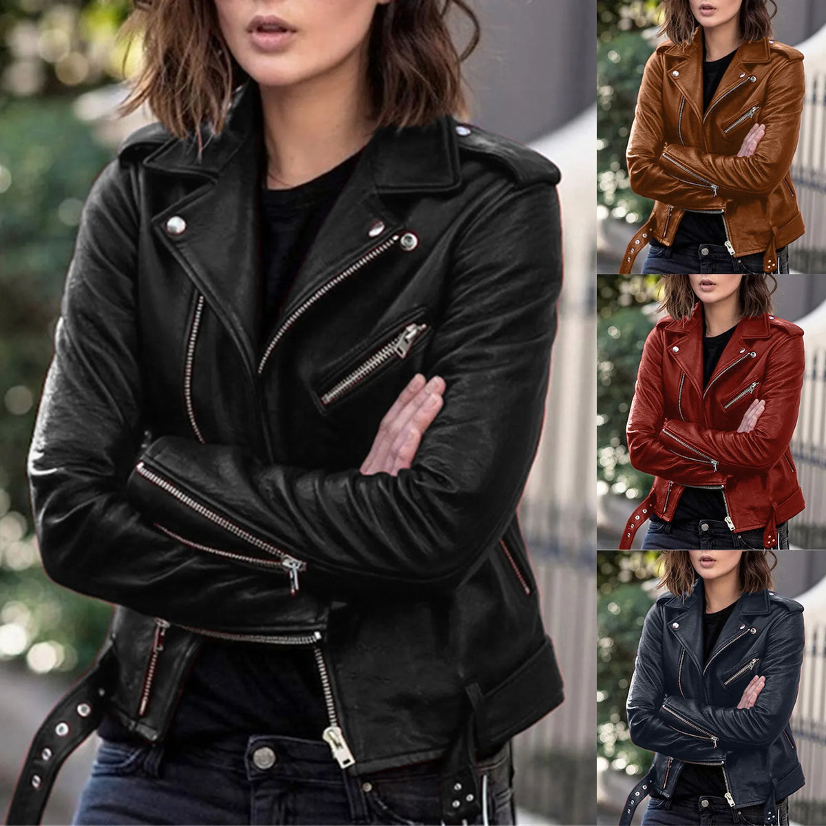 Women's Belted Faux Leather Moto Jacket, S to 3XL