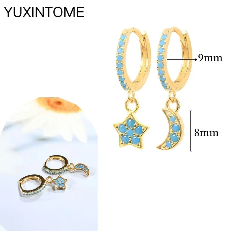 925 Silver Needle Star Hoop Earrings for Women - Five-pointed Star and Moon Pendant Huggie Earrings