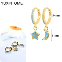 925 Silver Needle Star Hoop Earrings for Women - Five-pointed Star and Moon Pendant Huggie Earrings