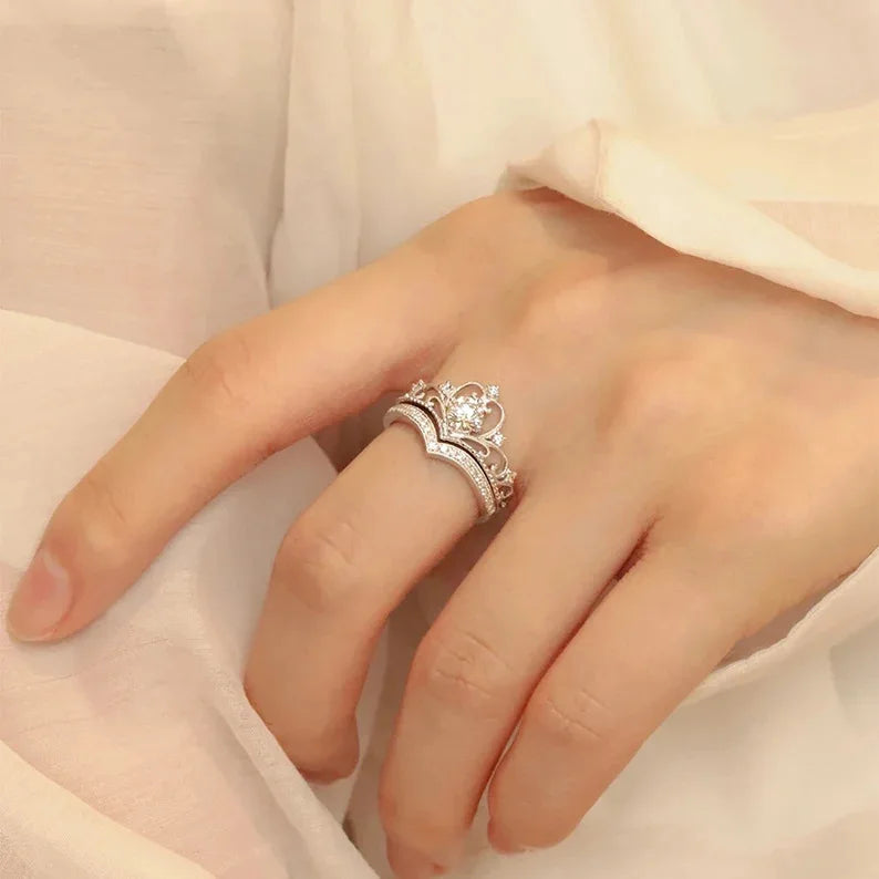 Crystal Crown Ring Set, 2 Pieces, Stainless Steel