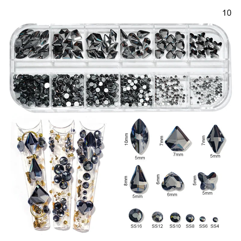 12Gird Box Multi Size AB/Colorful Non-Hotfix Rhinestones Flatback Crystal Diamond Gems 3D Glitter Nail Art Luxurious Decorations SWEET T 52