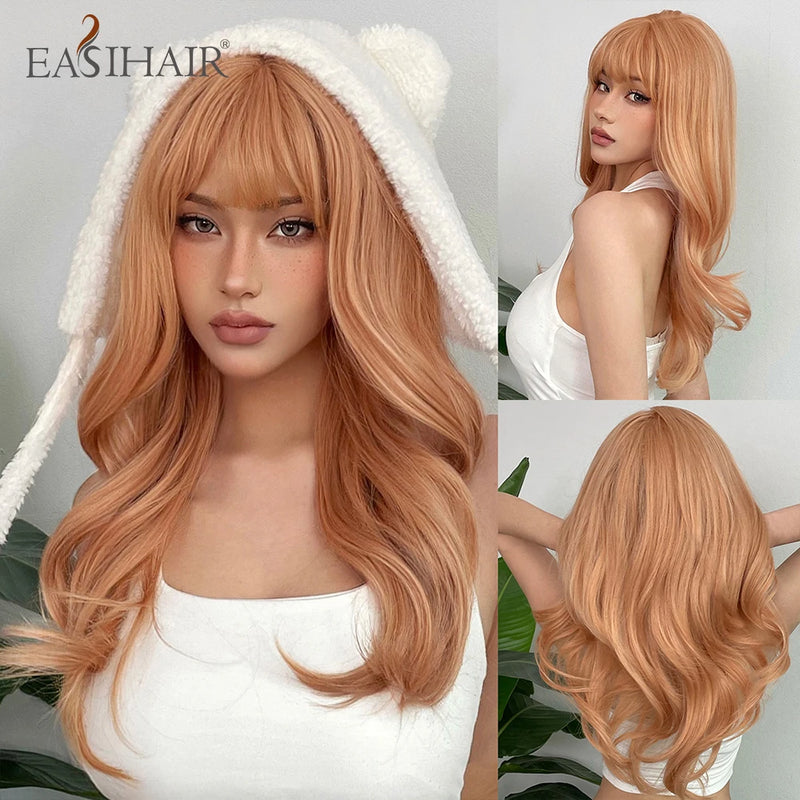 EASIHAIR Light Orange Synthetic Wigs Long Wavy Ombre Natural Hair Wigs with Bangs for Women Cosplay Lolita Wig Heat Resistant SWEET T 52
