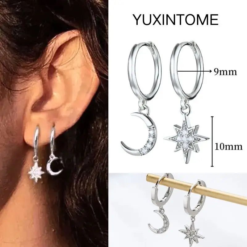 925 Silver Needle Star Hoop Earrings for Women - Five-pointed Star and Moon Pendant Huggie Earrings