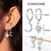 925 Silver Needle Star Hoop Earrings for Women - Five-pointed Star and Moon Pendant Huggie Earrings