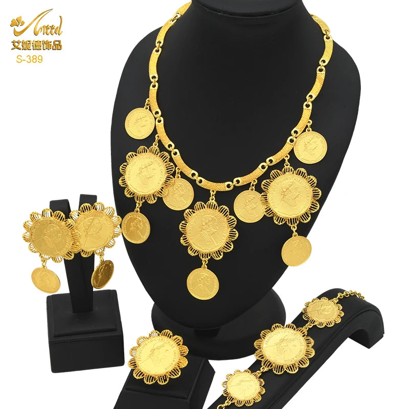ANIID Ethiopian 24K Gold Color Coins Jewelry Set African Hawaiian Luxury Necklace Bracelet Pendant Set Dubai Wedding Gifts Sweet T 52