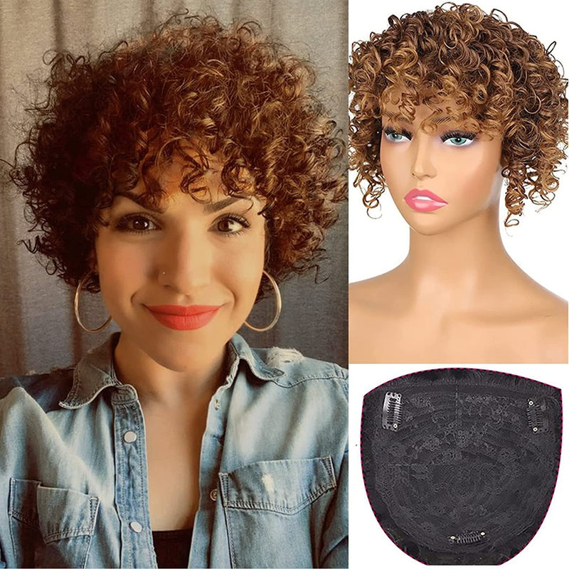 Synthetic Curly Hair Topper, Silver Grey Clip-In Hair Pieces, Short Curly Half Wigs With Bangs For Women & Girls