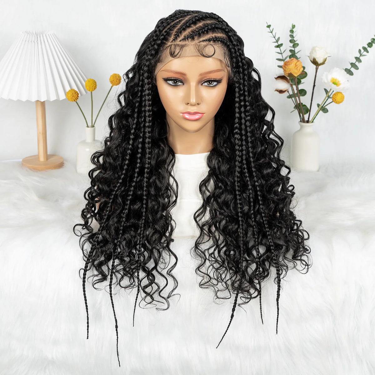 Cornrow Synthetic Braided Wigs 13*6 Lace Front Wig  Knotless Box Braided Wig Partition Design with Curly Hair for African Women Sweet T 52